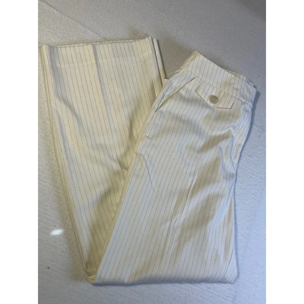 Cato Women White Gold Metallic Pinstripe Wide Leg Old Money Dress Pants Trouser